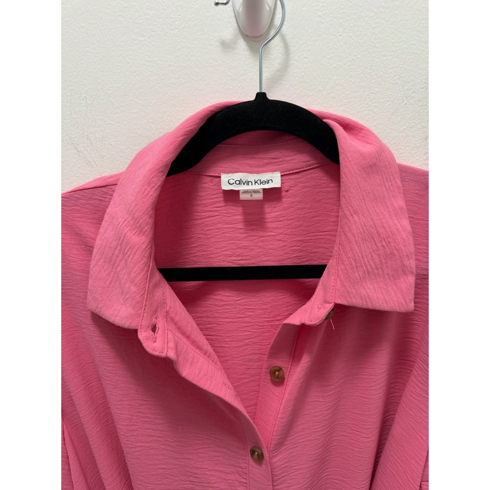 Calvin Klein Pink Textured Balloon Sleeve Button Down Shirt Dress Size 8 - Picture 3 of 9